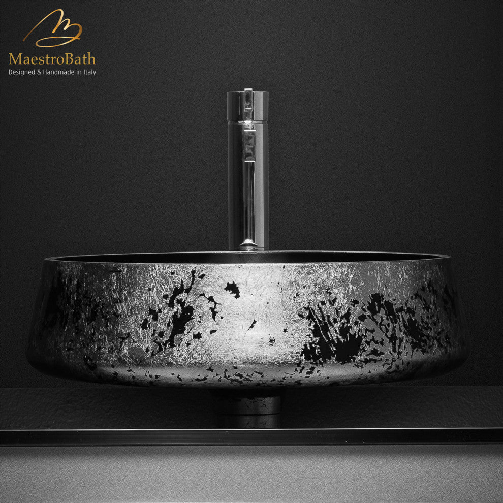Exte Luxe Bathroom Vessel Sink, Black and Silver