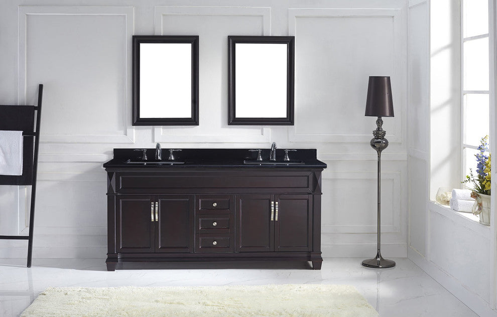 Virtu Victoria 72" Double Bathroom Vanity, Espresso With Faucet and Mirrors