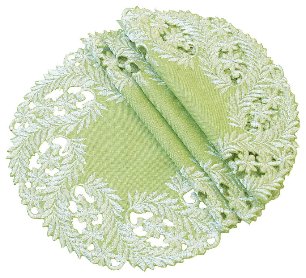 Laurel Embroidered Cutwork Spring Doilies, 16" Round, Green, Set of 4