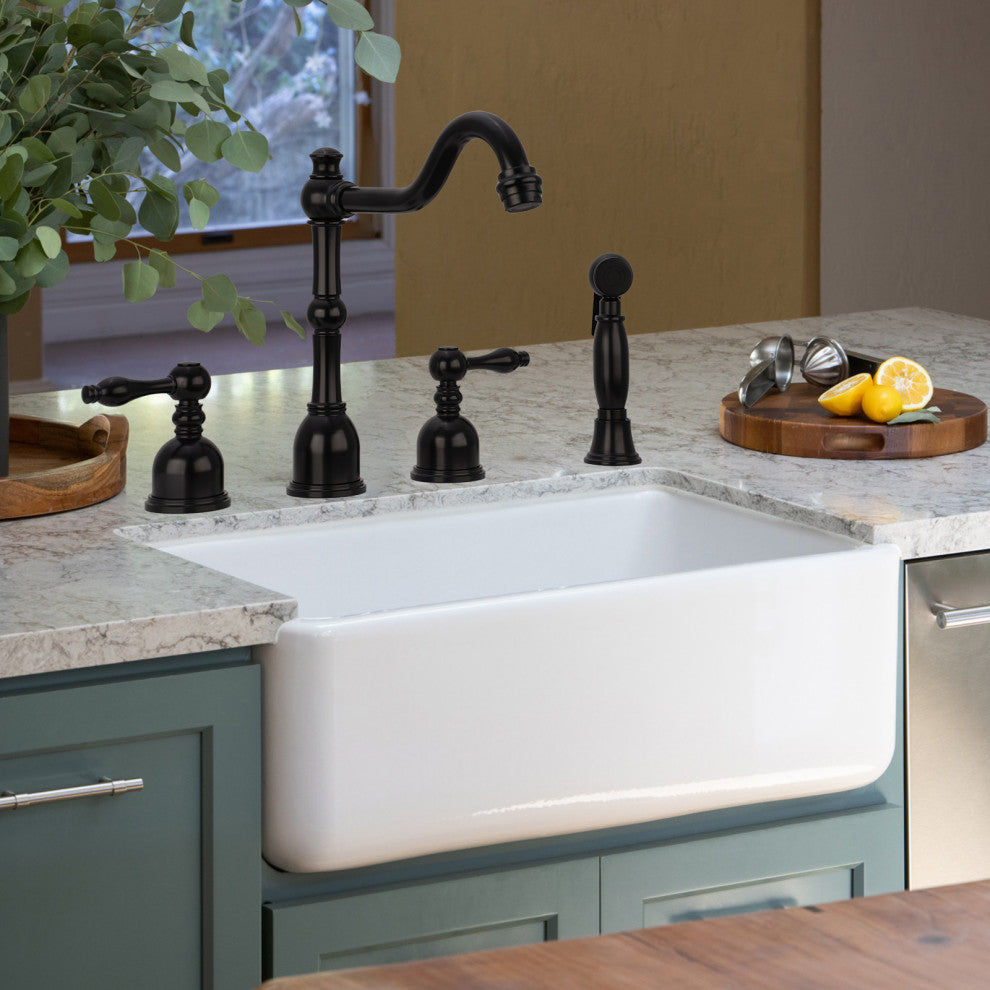 Two-Handles Copper Widespread Kitchen Faucet with Side Sprayer, Matte Black