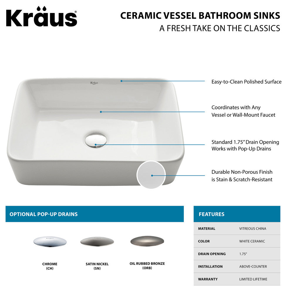 Elavo Ceramic Rectangle Vessel White Sink, PU Drain Satin Nickel