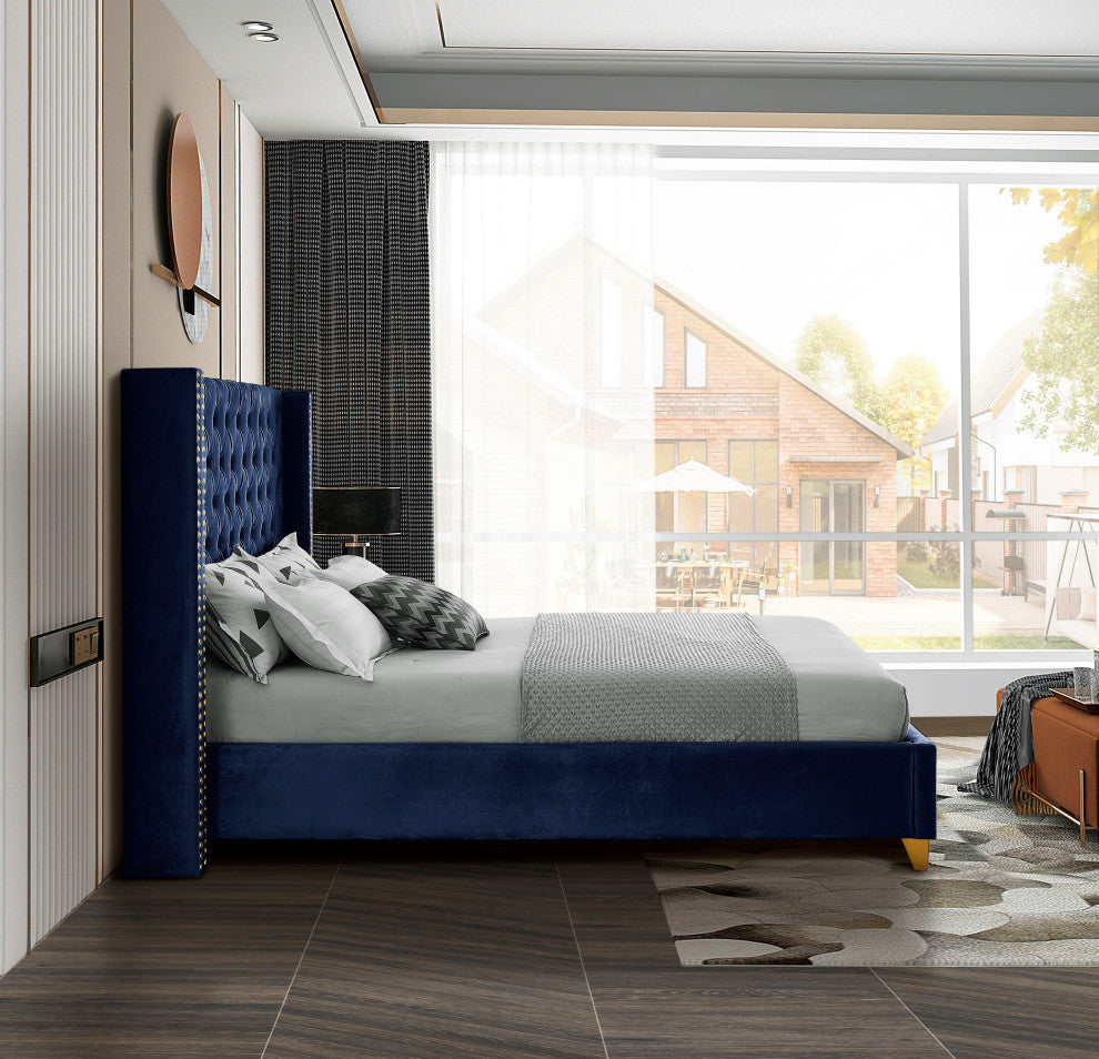 Barolo Velvet Upholstered Bed, Navy, Full