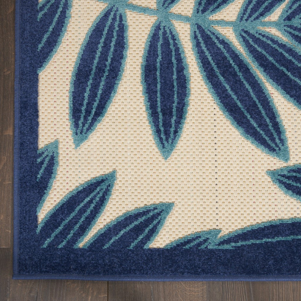 7 x 10 Navy and Beige Leaves Indoor Outdoor Area Rug