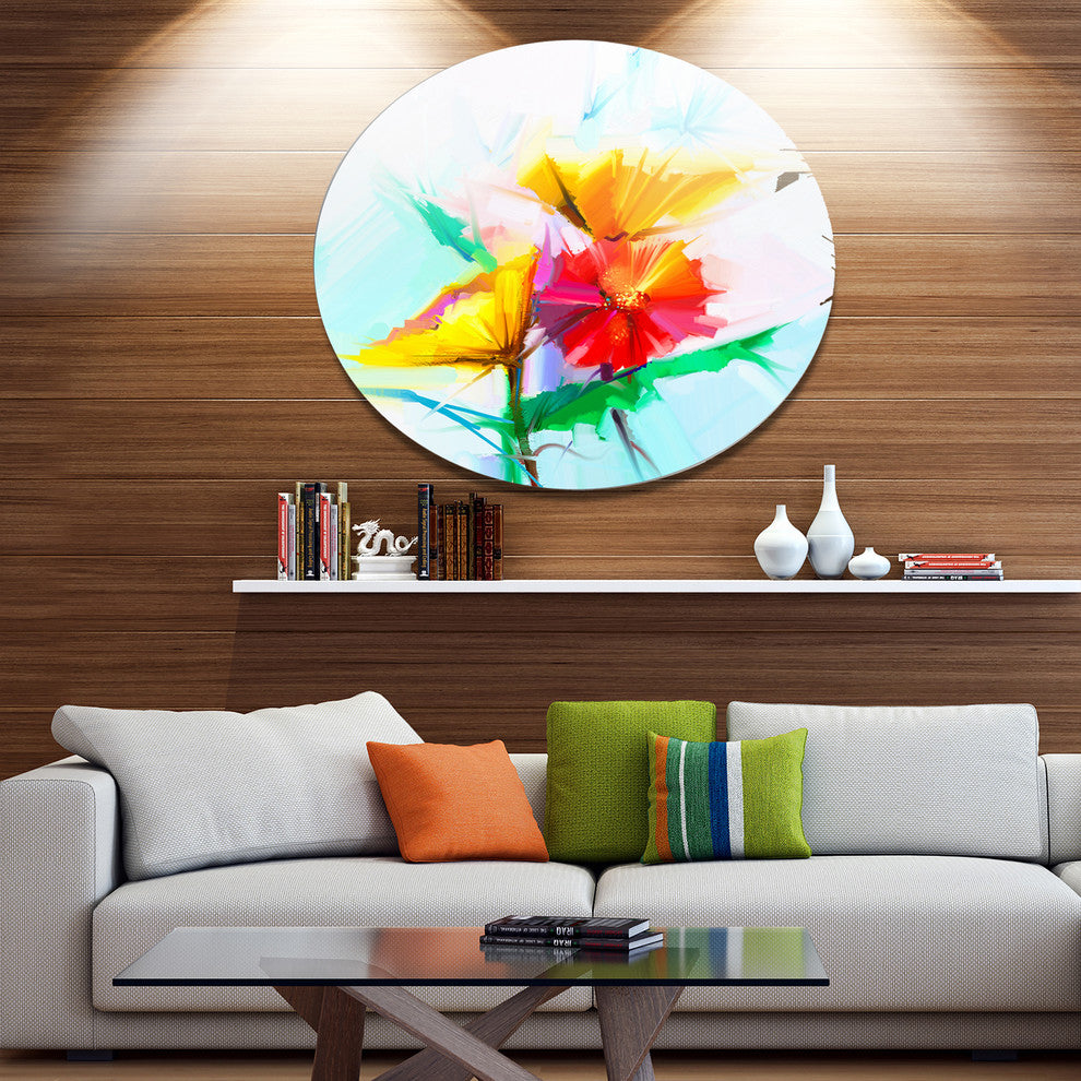 Still Life Yellow Red Gerbera Flower, Modern Floral Round Wall Art, 23"