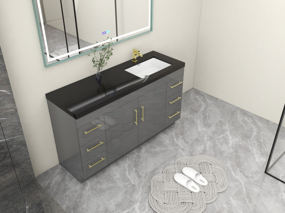 Rosa 60" Free Standing Modern Vanity, High Gloss Gray, Matt Black Top