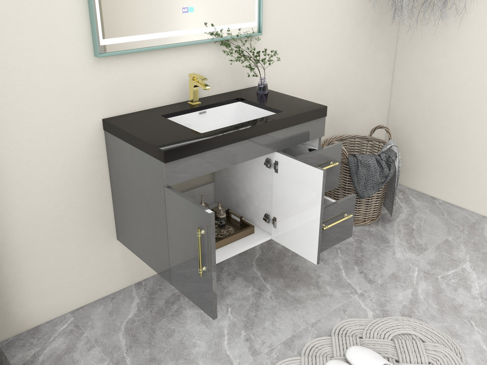 Rosa 36" Wall Mounted Modern Vanity, High Gloss Gray, Matt Black Top
