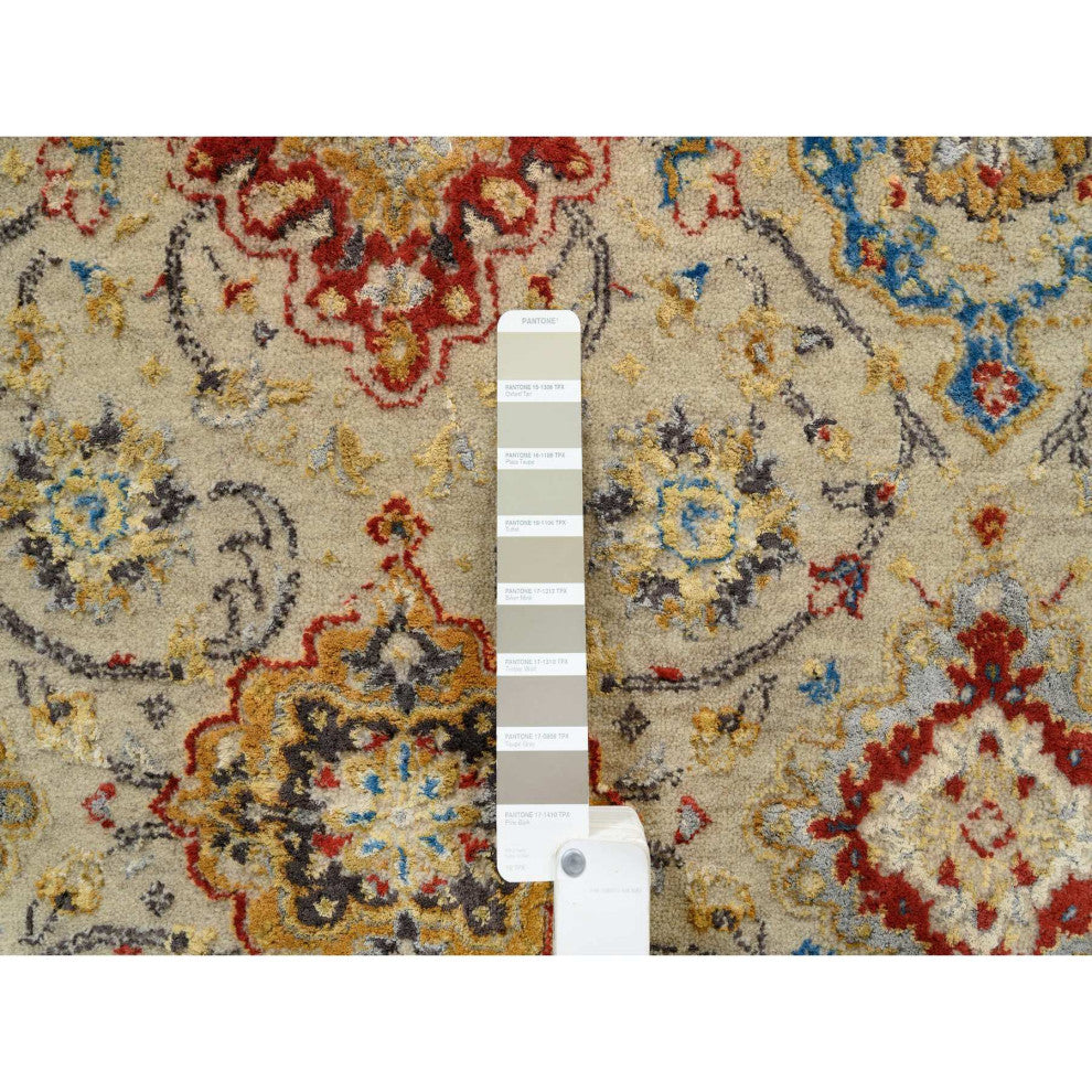 Beige, Hand Knotted, THE SUNSET ROSETTES Wool and Pure Silk, Rug, 5'3" x 7'0"