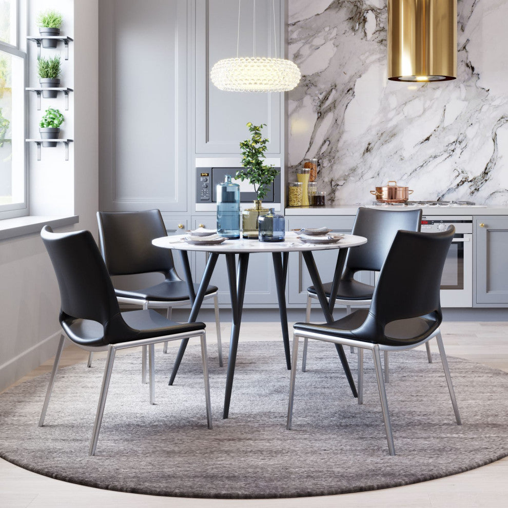 Dining Chair, Set of 2, Faux Vinyl Leather, Steel, Black, Silver, Cafe Bistro