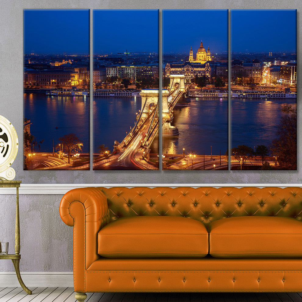 Illuminated Cain Bridge Budapest, Cityscape Canvas Art Print, 48"x28", 4 Panels