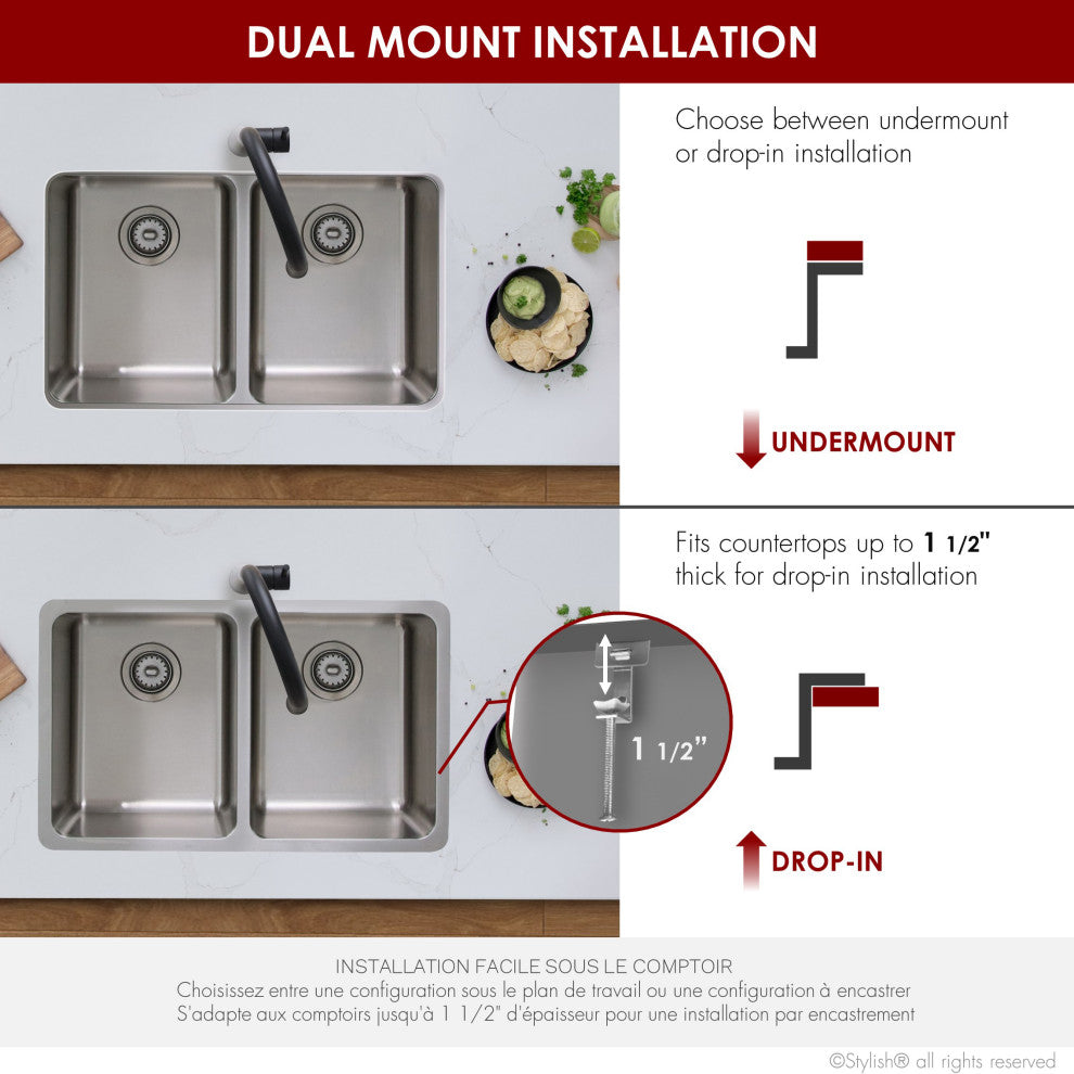 STYLISH 29" Double Bowl Undermount and Drop-in Stainless Steel Kitchen Sink