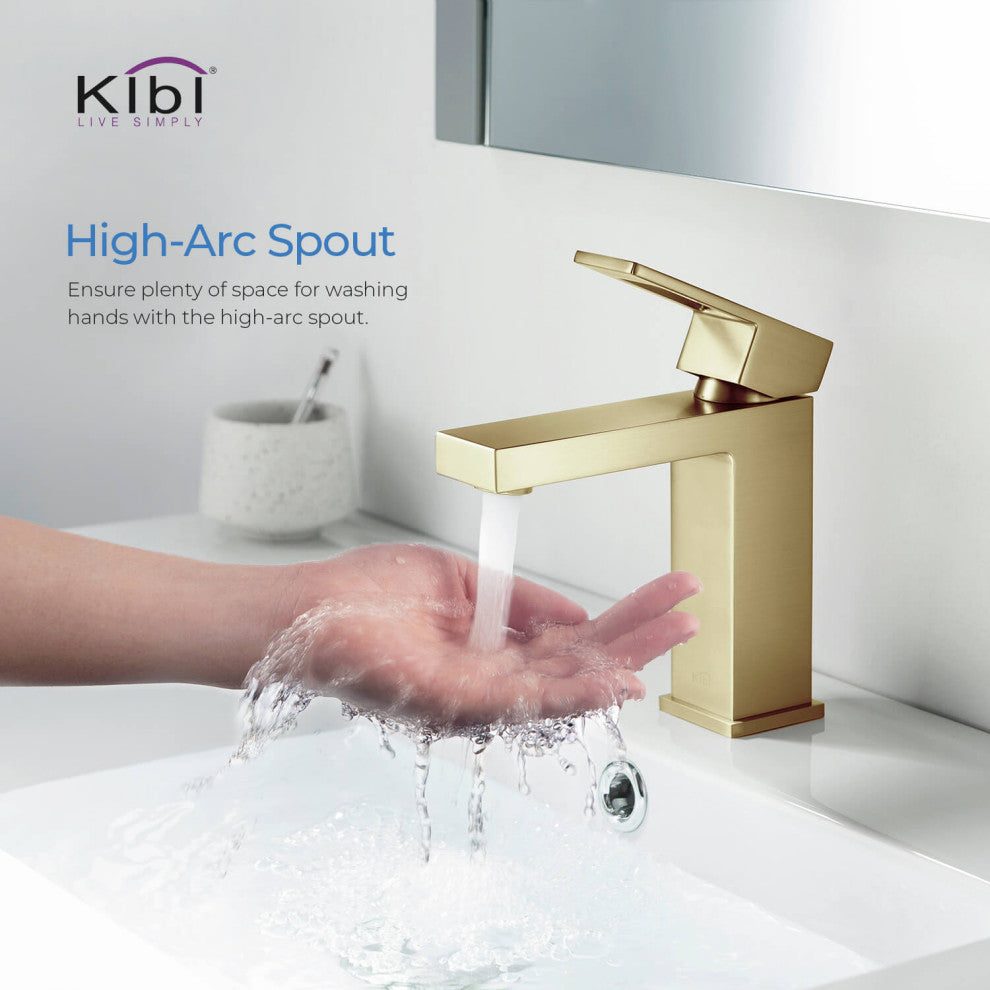 Cubic Single Hole Bathroom Faucet KBF1002, Brush Gold, W/ Drain