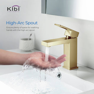 Cubic Single Hole Bathroom Faucet KBF1002, Brush Gold, with Drain