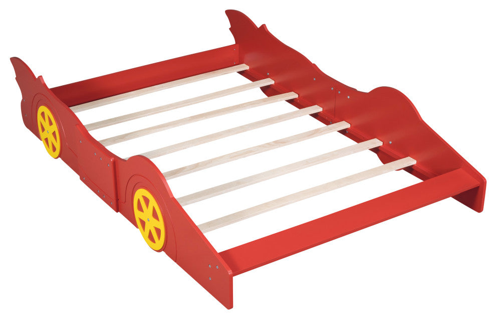 Gewnee Wood Full Size Car Shaped Platform Bed with Wheels for Kids in Red
