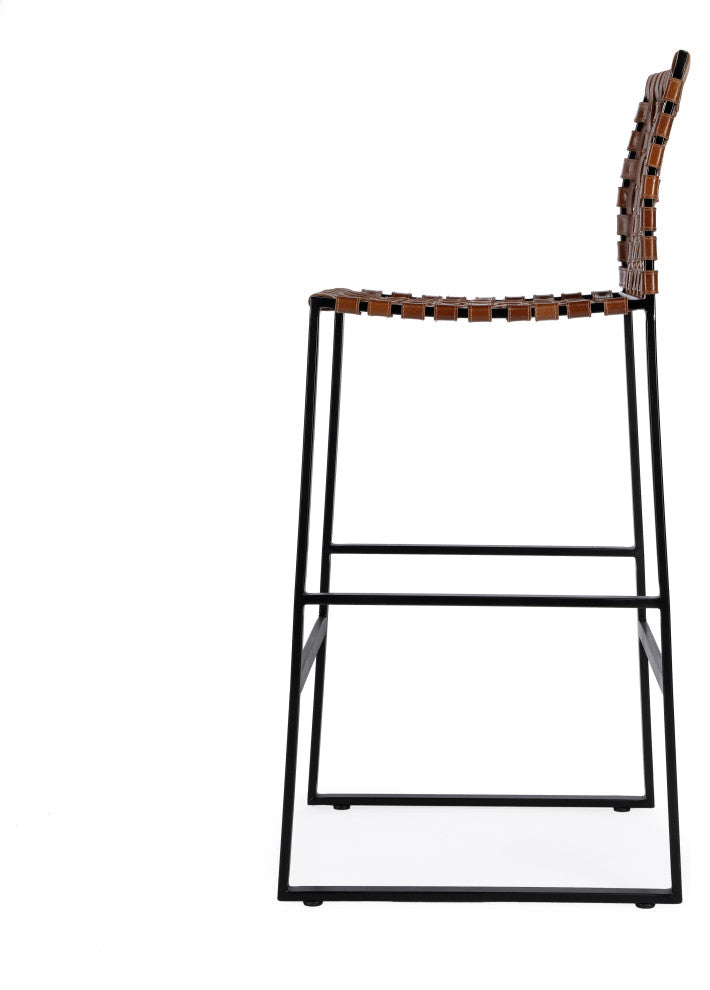 Urban Woven Genuine Leather Rectangular  28" Barstool, Brown