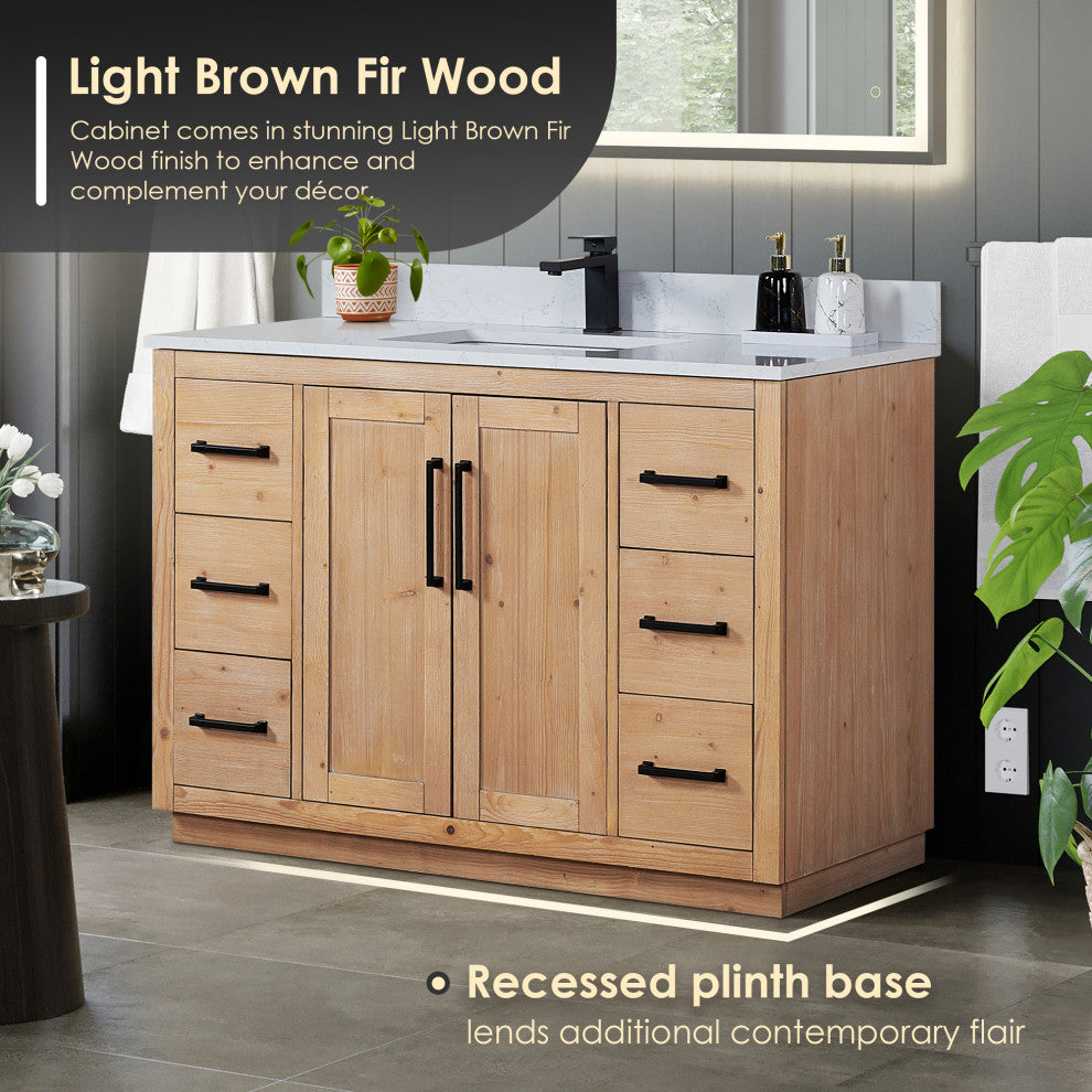 Cicero Vanity, Grain White Engineered Stone Countertop, Light Brown, 48", No Mirror