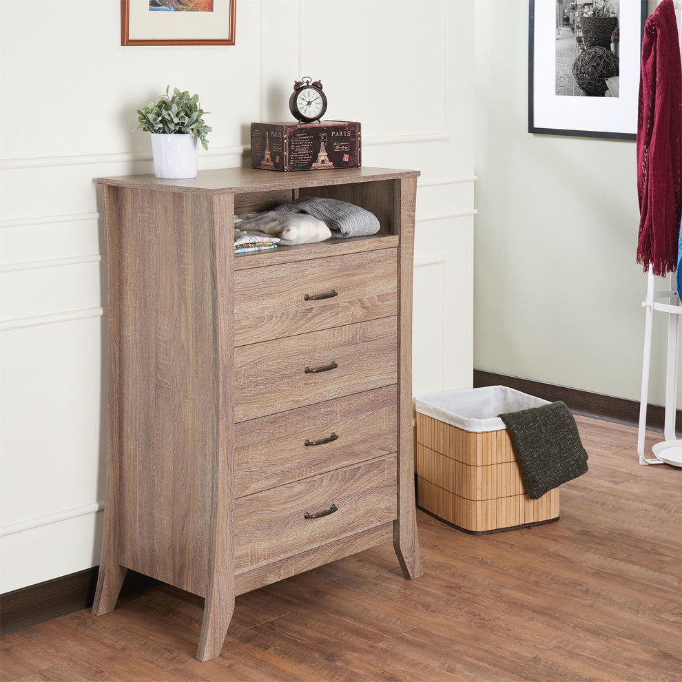 Wooden Chest with Four Drawers and One Open Shelf, Natural Brown