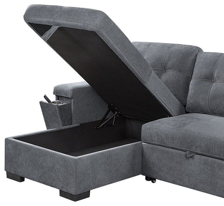 Toby Woven Fabric Reversible Sleeper Sectional With Storage, Cupholder, Gray