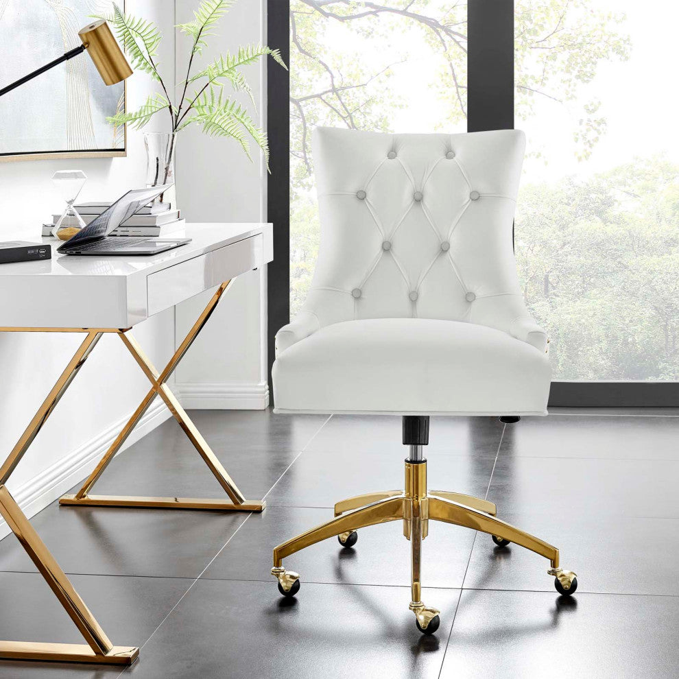 Computer Work Desk Tufted Chair, Velvet, Gold White, Home Business Office