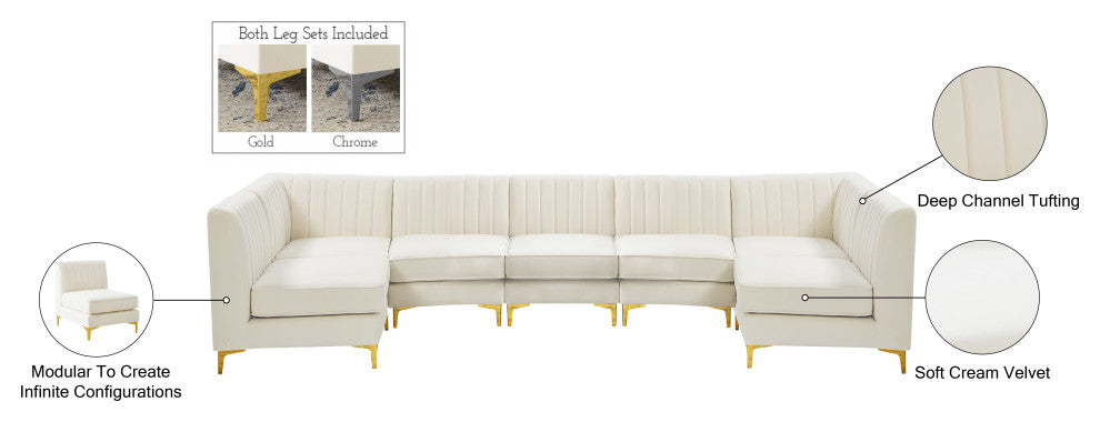 Alina Velvet Modular U-Shaped Sectional, Cream, 7-Piece: 5 Armless Chair, 2 Corner Chair