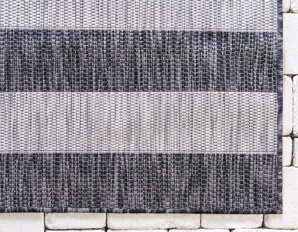 Unique Loom Aqua Blue Striped Outdoor Area Rug, Charcoal Gray, Gray, 2' X 6'