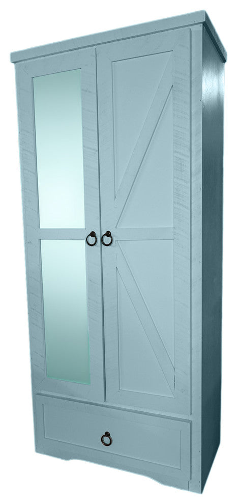 Farmhouse Solid Wood Armoire Wardrobe With Mirror, Interesting Aqua