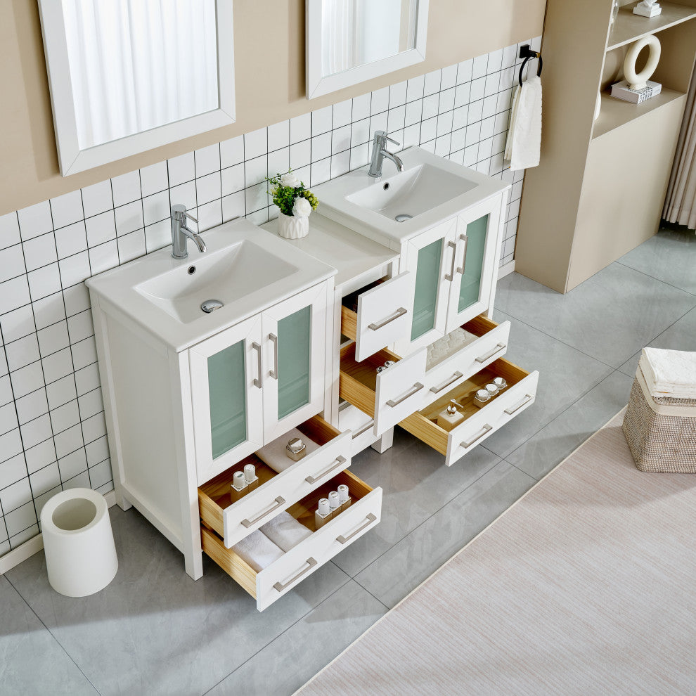 Vanity Art Vanity Set With Ceramic Top, 60", White, Standard Mirror