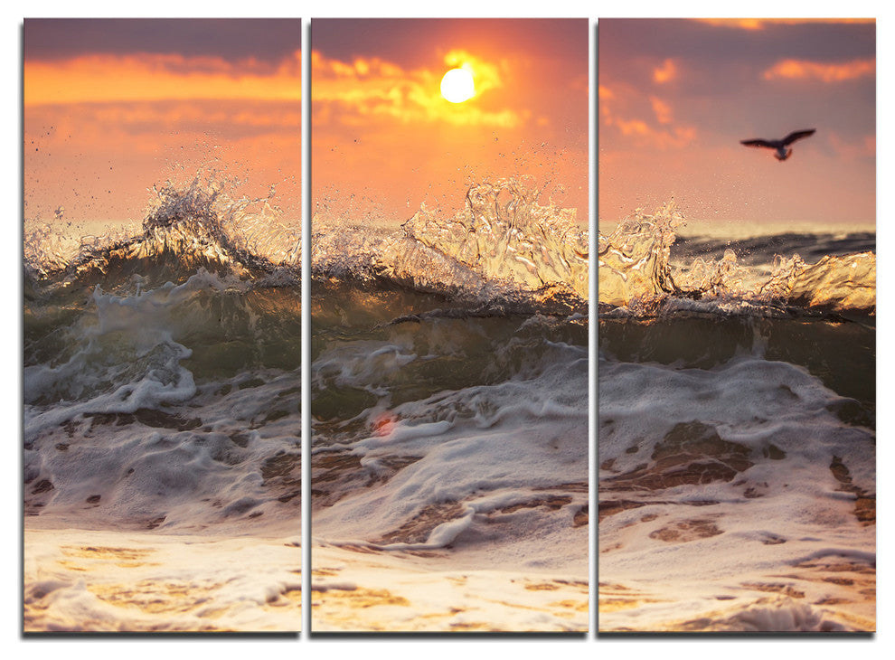 "Sunrise and Roaring Ocean Waves" Metal Wall Art, 3 Panels, 36"x28"