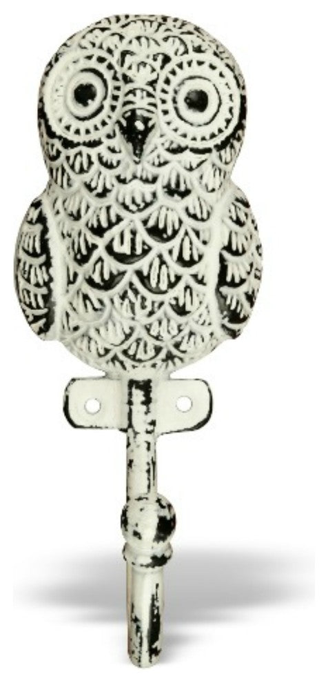 Owl Wall Hook in White Distressed Finish, 6" Height