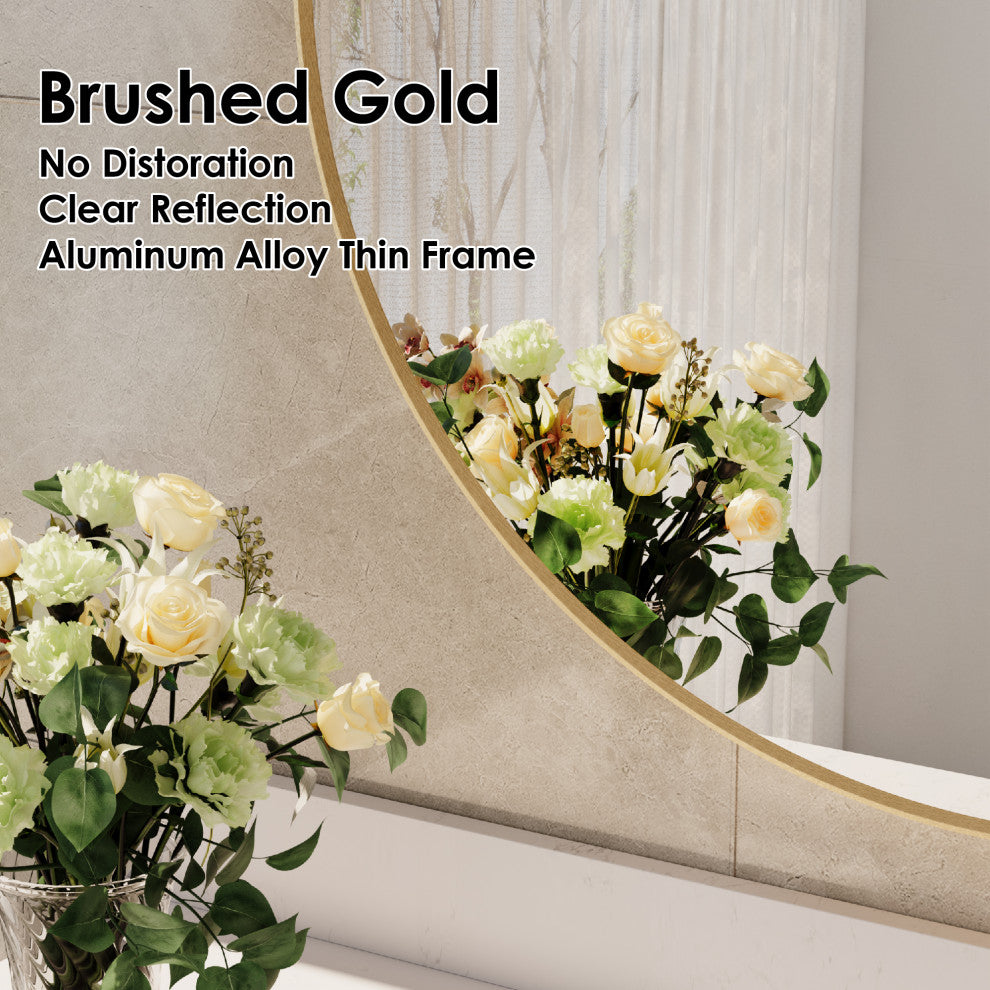 24" Round Anodized Aluminum Wall Vanity Mirror, Brushed Gold
