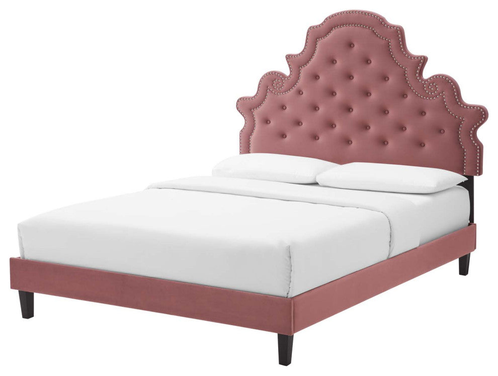 Tufted Platform Bed Frame, King Size, Velvet, Pink, Modern Contemporary, Bedroom