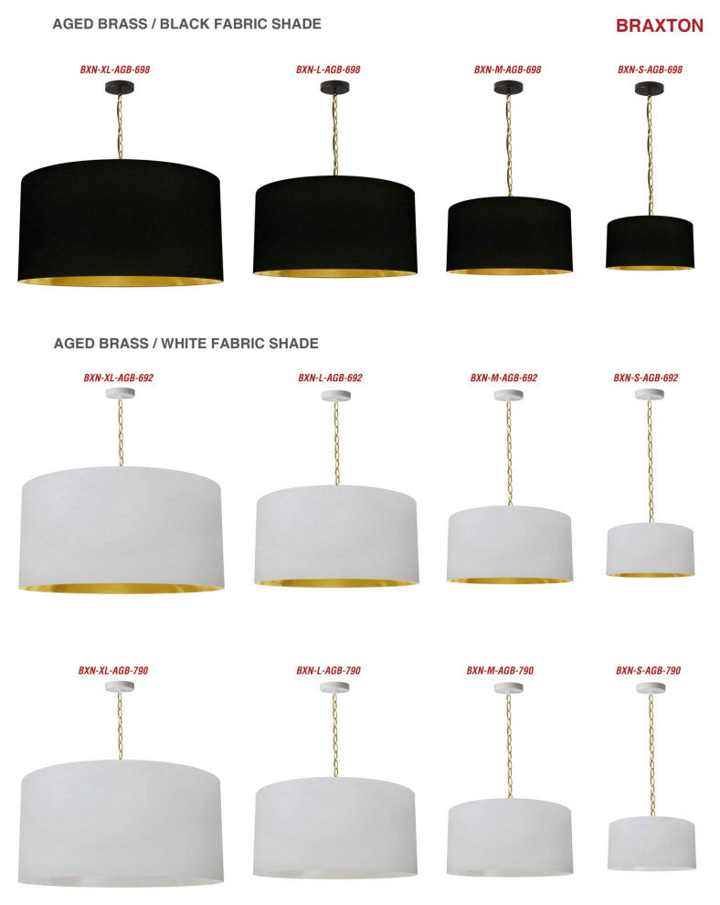 1 Light X-Large Braxton Aged Brass Pendant w/ White/Gold Shade