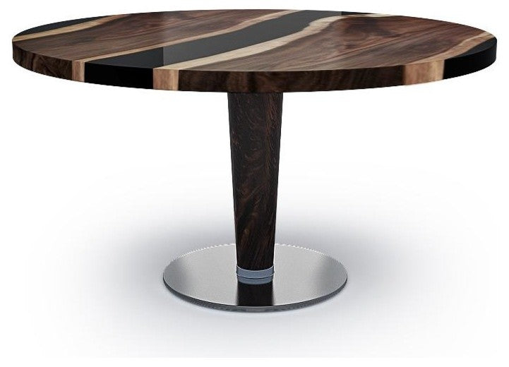 Opaque Black Epoxy Resin & Walnut Wood Round Coffee Table, 35.5" (90cm)