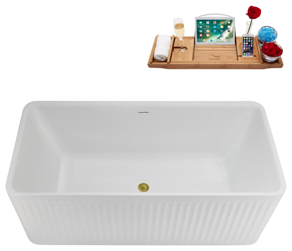 59" Streamline N5000BGL Soaking Freestanding Tub, Tray, Drain, Brushed Gold