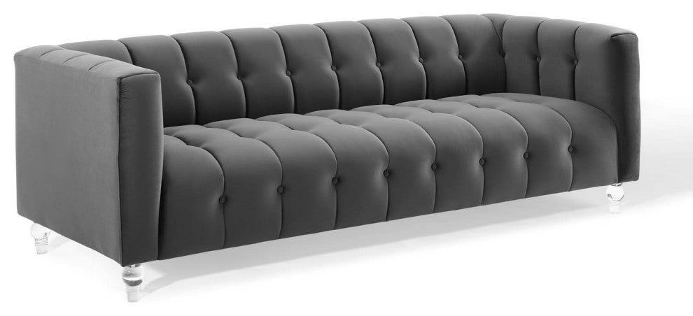 Mesmer Channel Tufted Button Performance Velvet Sofa - Charcoal