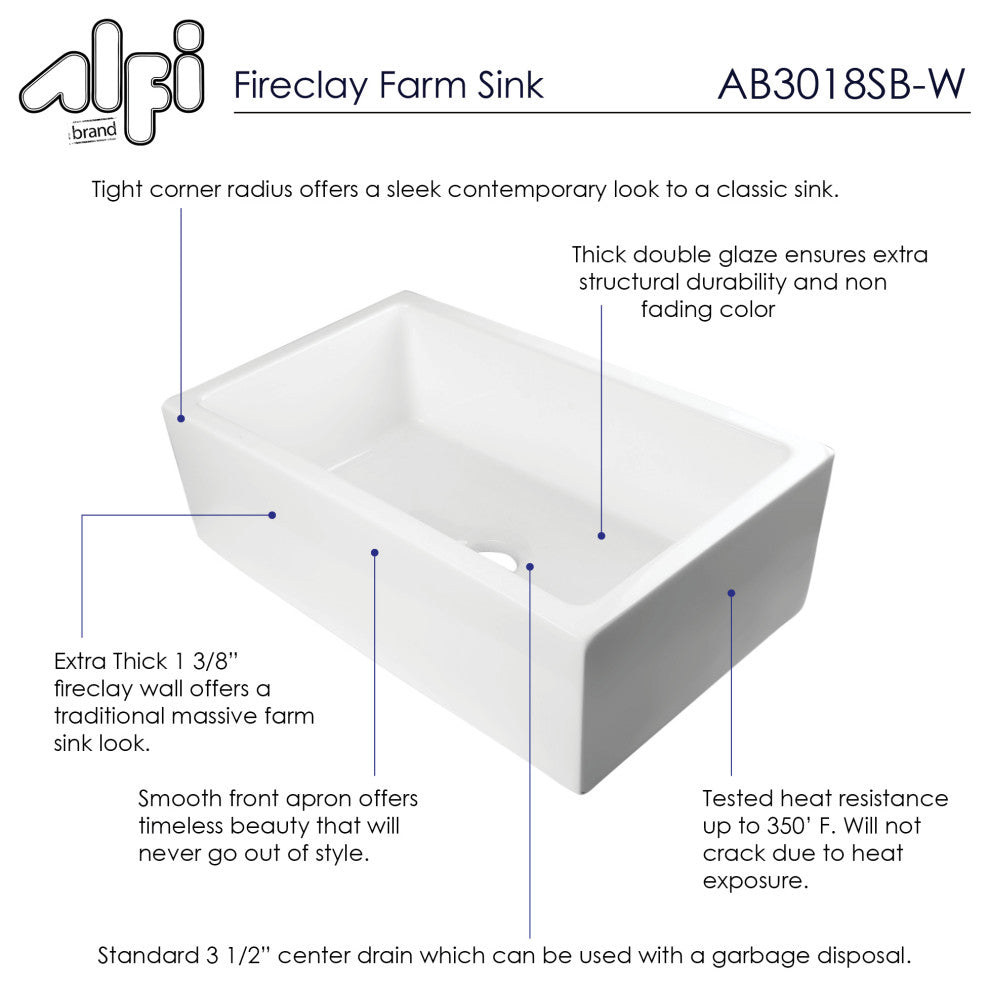 ALFI brand AB3018SB-W 30" White Smooth Solid Thick Wall Fireclay Farm Sink
