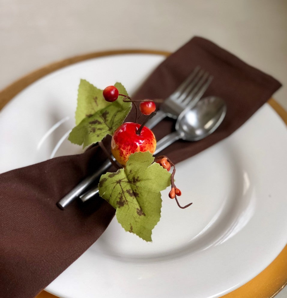 Set of 6 Fall Napkin Rings, Apple and Leaves