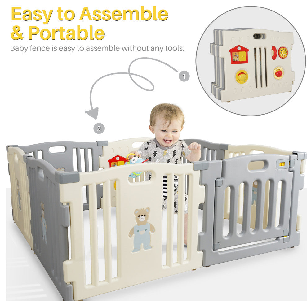 Kidzone Interactive Baby Playpen 8 Panel Safety Gate ASTM Certified, Grey-White