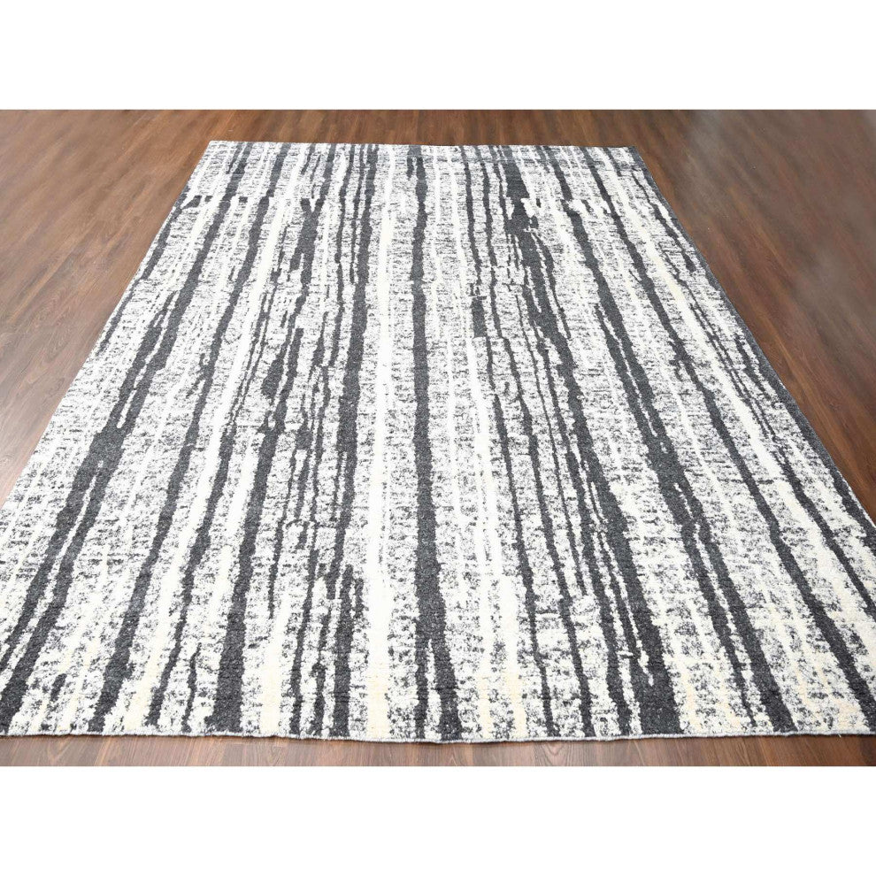 Black With Ivory Hand Knotted Wool Modern Design Oversize Oriental Rug 12'x14'9"