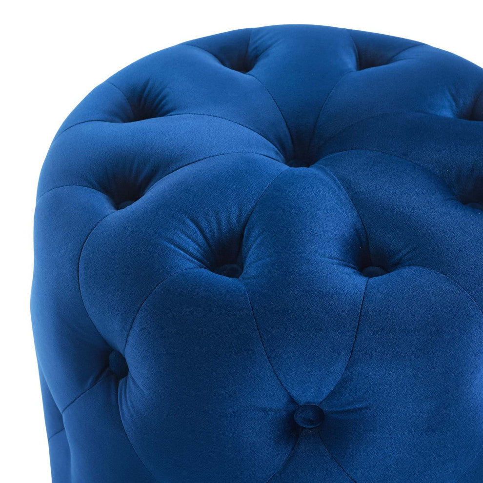 Tufted Accent Chair Ottoman, Round, Velvet, Blue Navy, Modern, Lounge