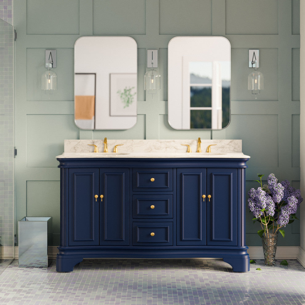 Katherine 60" Bath Vanity, Royal Blue, Carrara Marble, Double Vanity