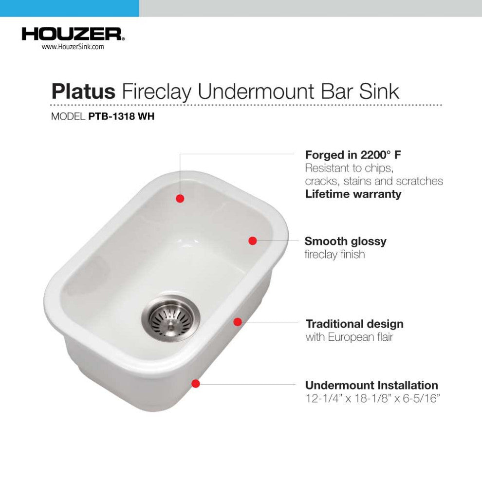 Houzer PTB-1318 Platus 12-3/16" Undermount Single Basin Fireclay - White