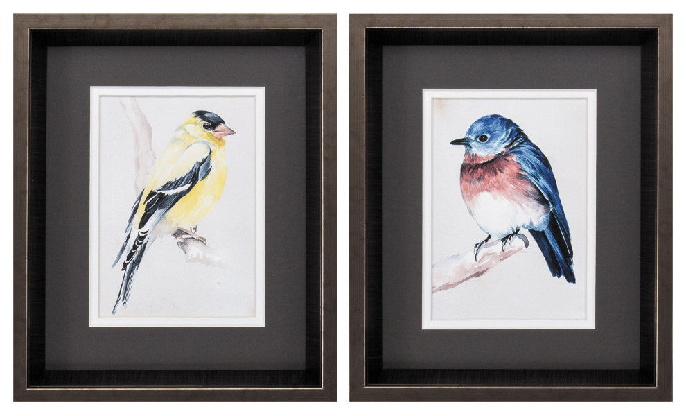 10" X 12" Brushed Silver Frame Bird On Branch (Set Of 2)