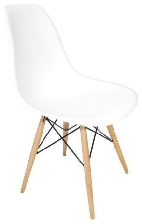White DSW Midcentury Dining Shell Chairs, Beech Wood Eiffel Legs, Set of 4