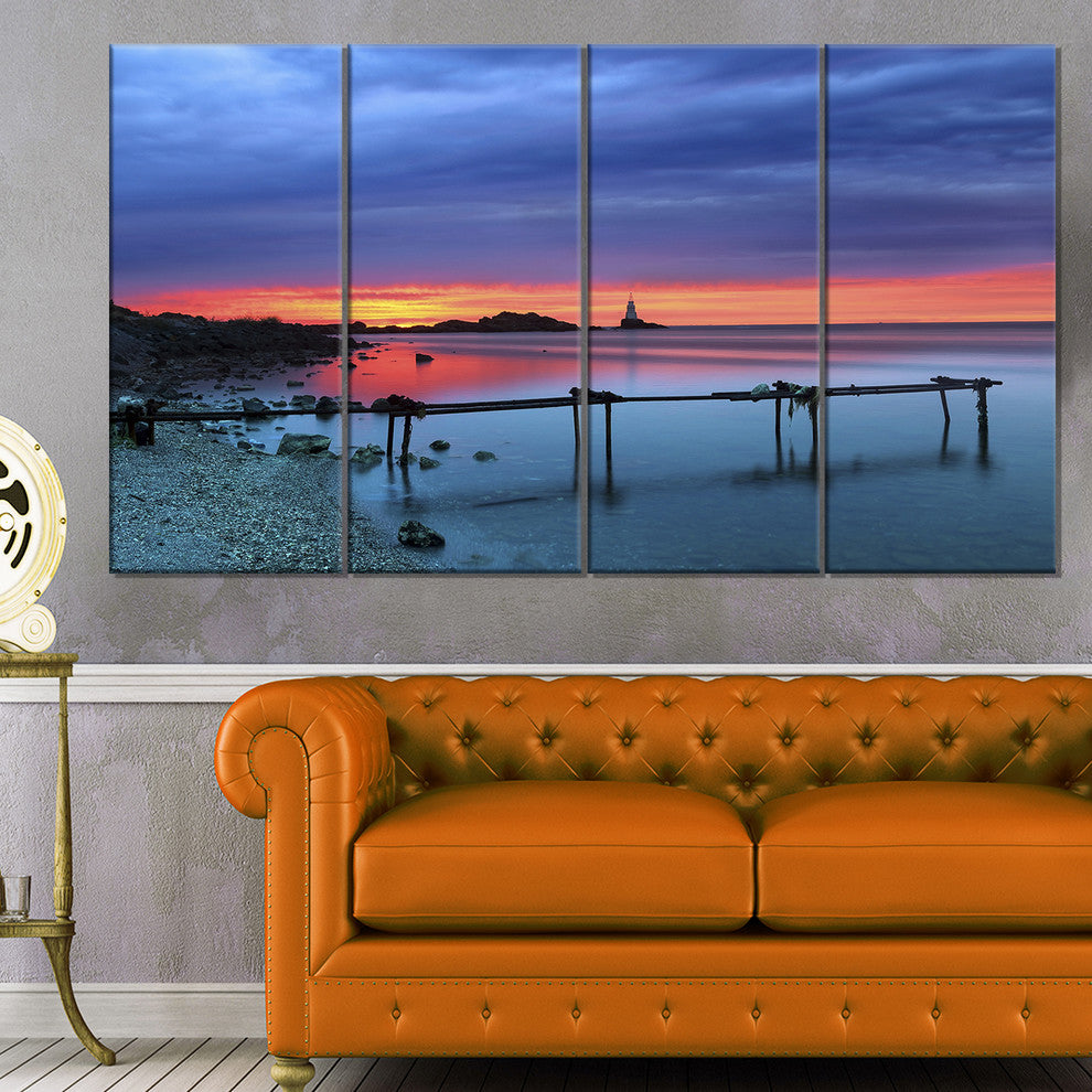 Blue Sky and Waters Panorama, Modern Seashore Canvas Art, 48"x28", 4 Panels
