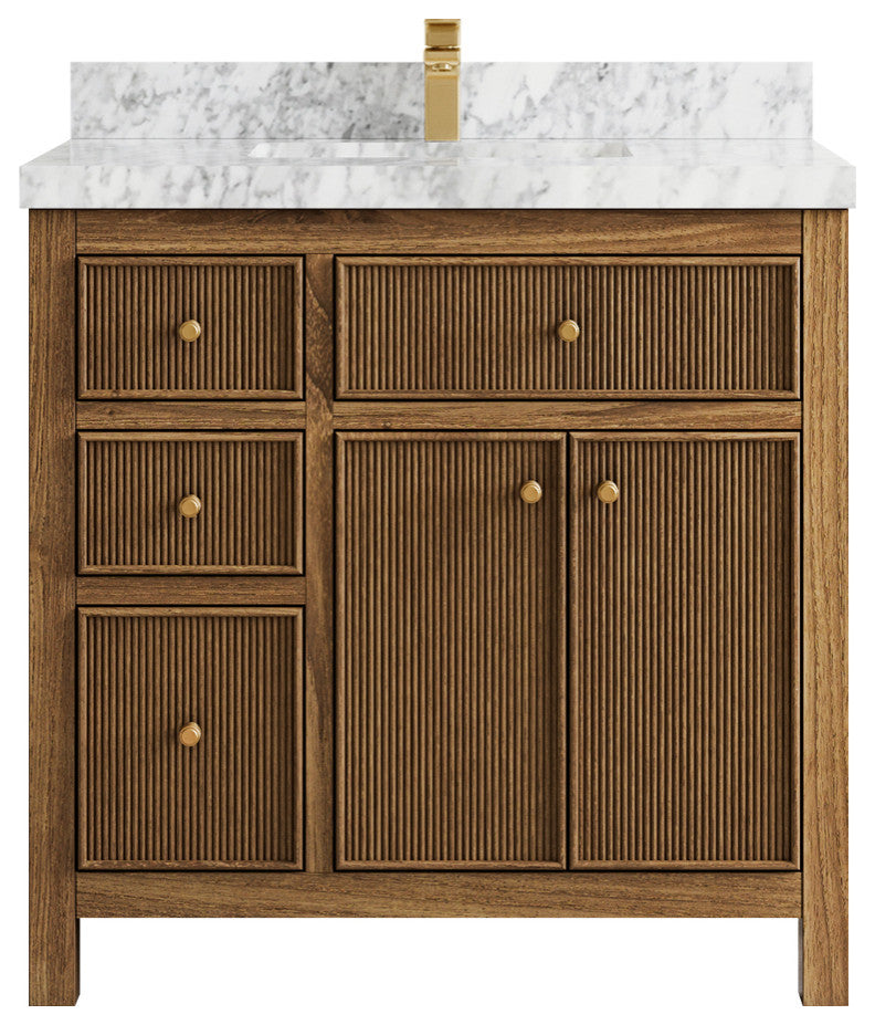 Sonoma Teak 36 Center Sink Bath Vanity in Dark Natural with 2" Carrara Marble