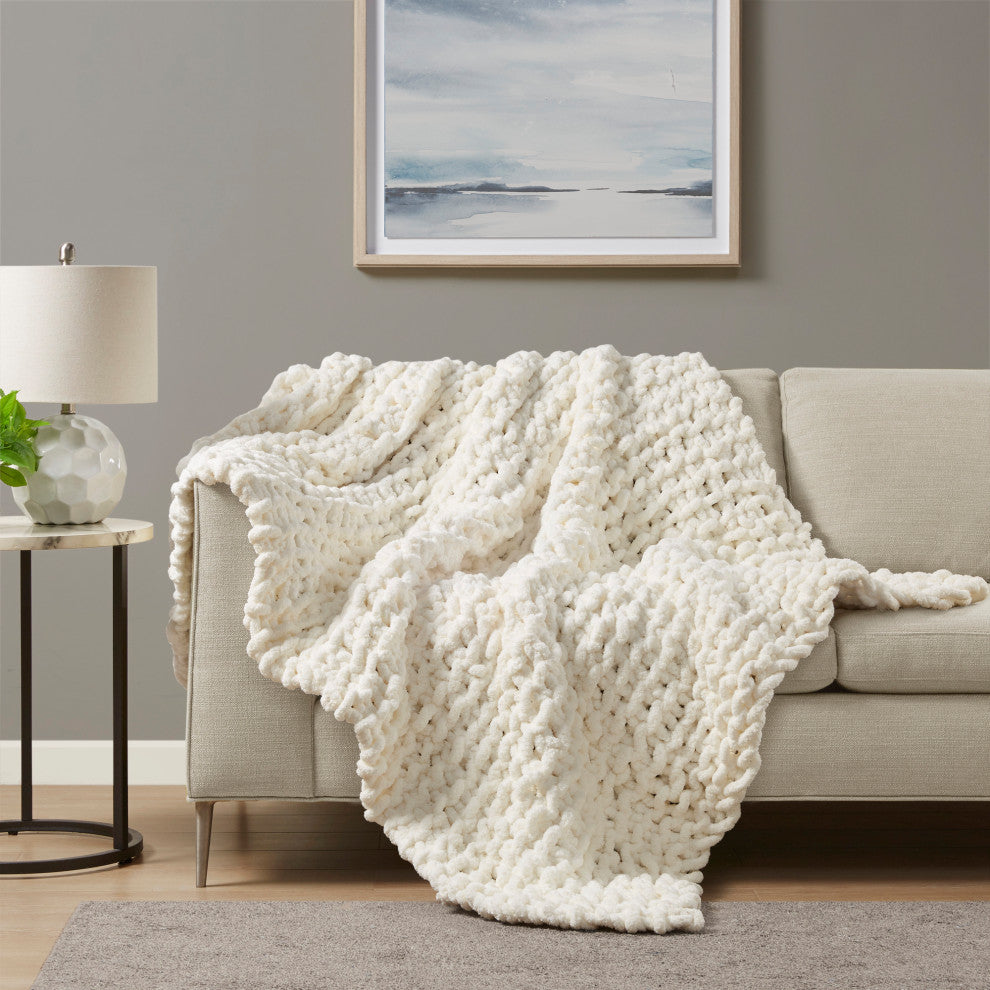Madison Park Handmade Chenille Chunky Knit 50"x60" Throw, Ivory