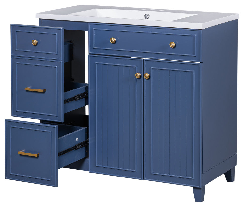 36 Inch Bathroom Vanity, Transitional Style Bathroom Cabinet with Resin Sink, Navy Blue