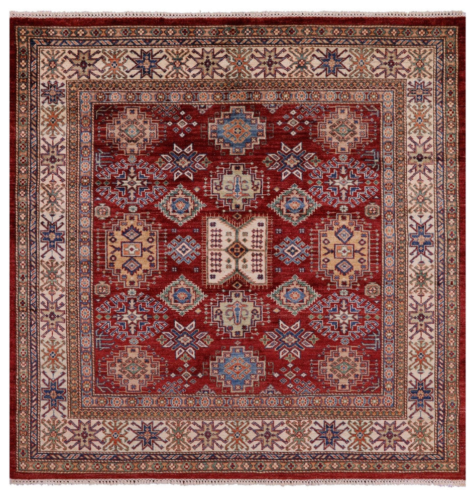 6' Square Handmade Super Kazak Wool Rug - Q12943