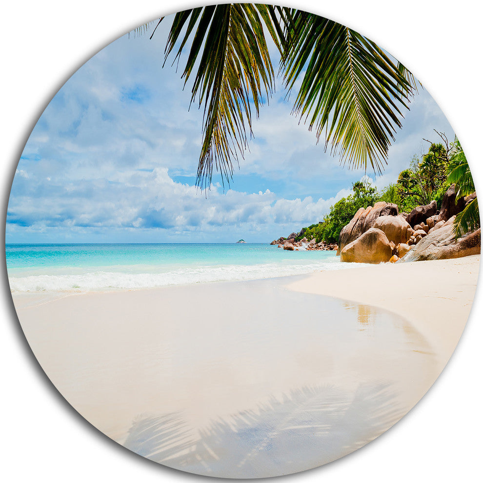 Summer Beach With Palm Leaves, Modern Seascape Disc Metal Wall Art, 11"