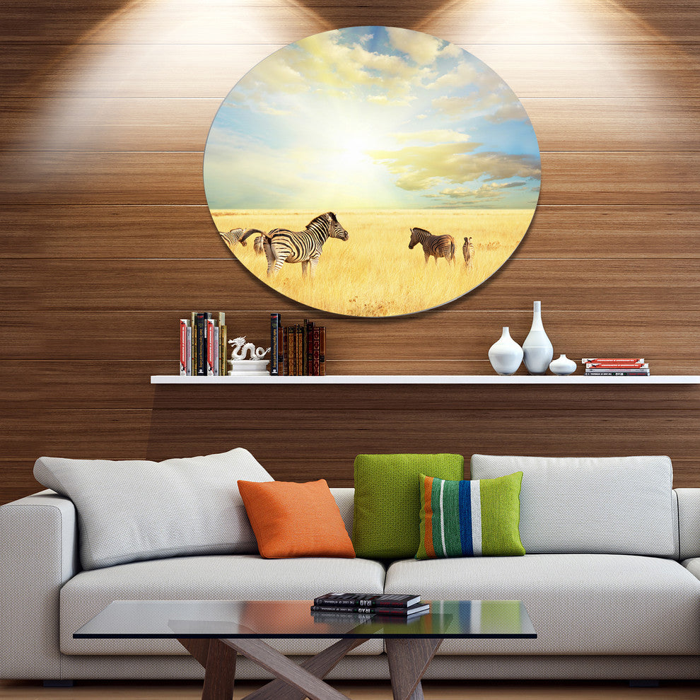 Sunset Over Grassland With Zebras, African Round Metal Wall Art, 23"